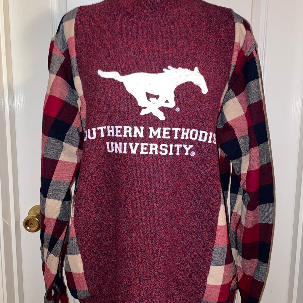 Repurposed Southern Methodist University Plaid Sweater & Red/Navy Flannel Shirt